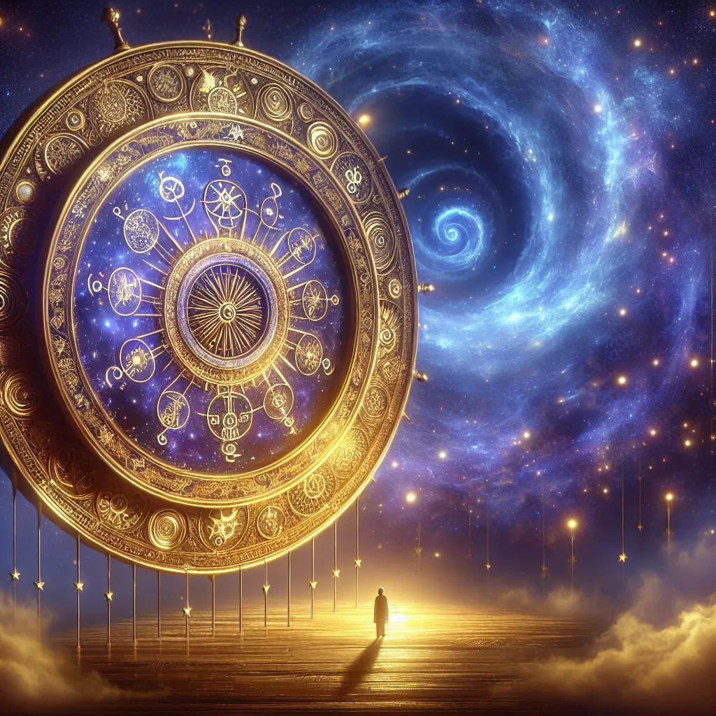 DALL-E, create an ethereal and mystical image of a majestic, rotating wheel in bright gold color, beautified with complex astrological symbols that exemplify the aura of inevitable change. Set this wheel in a magical, indigo sky that's saturated with glistening stars. Include a small figure standing at the base of the wheel, silhouetted against the dazzling spectacle, looking up at it with an expression of contemplation and acceptance, imparting a sense of the undulating tides of destiny.