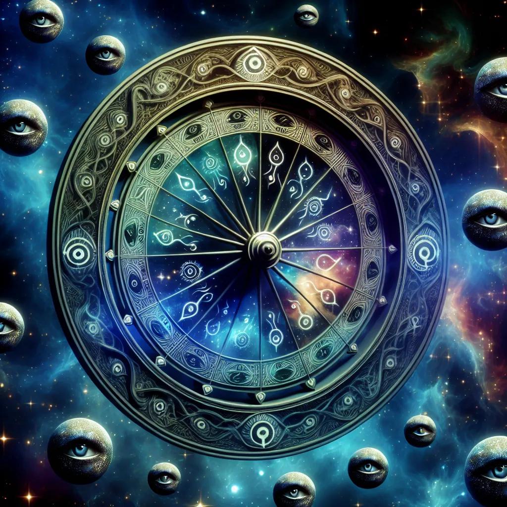 Visualize a mystical wheel suspended in the cosmic void. This enigmatic device is adorned with arcane symbols reflecting the concepts of time, chance, and destiny. Countless stoic eyes, appearing as cosmic bodies perhaps, are watching over the wheel, tracing its movement and the swirling fortunes it governs.