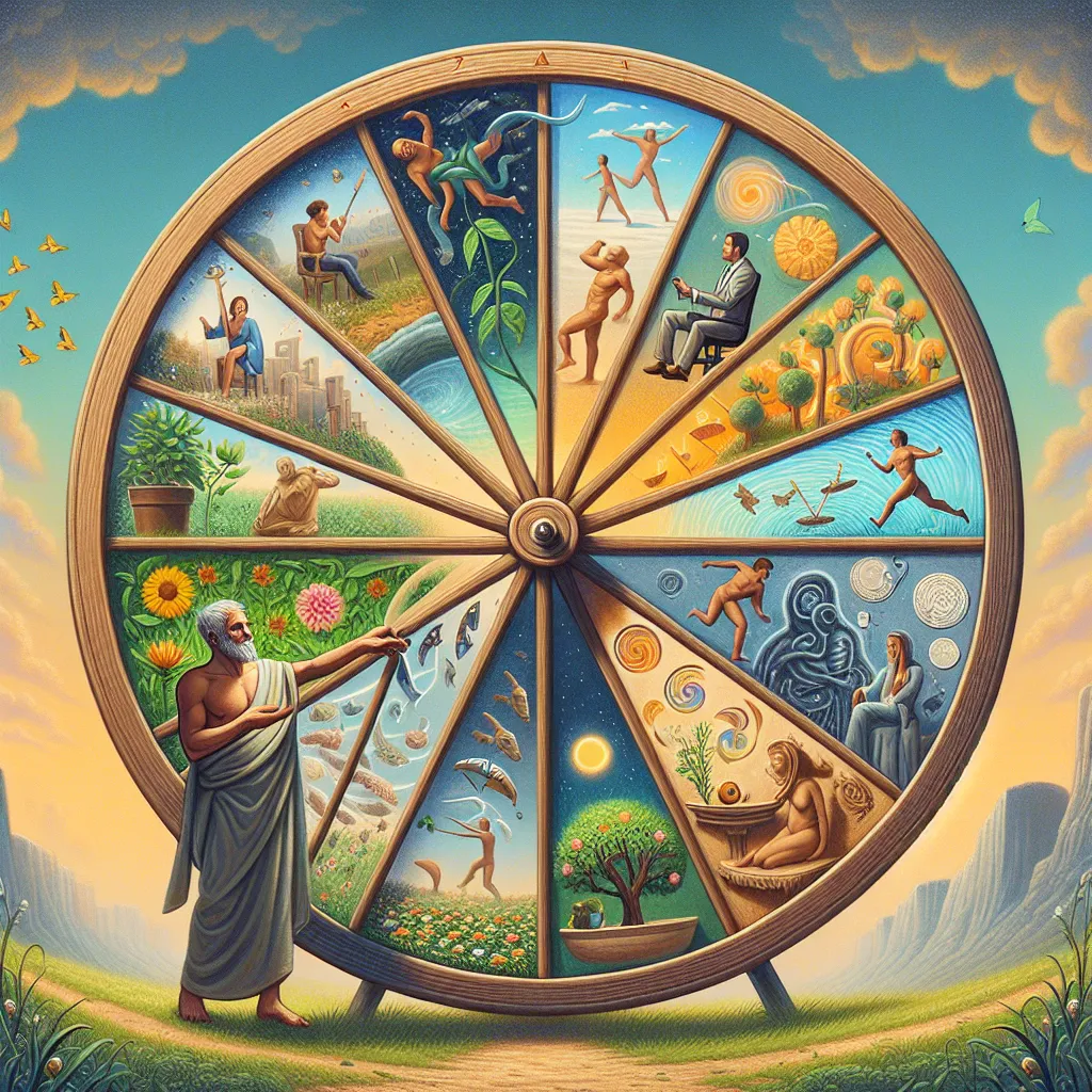 Create an artwork titled 'The Stoic's Wheel of Fortune'. In this image, the wheel is decorated with various real-life scenarios that represent the cycles of life. The upper half should be filled with joyous moments like accomplishing an objective, nurturing a lush garden, and the feeling of love. The lower part, on the other hand, should portray life's more difficult aspects such as loss, struggle, and change. A serene philosopher in the background, indifferent to ethnicity or gender, is subtly manipulating the wheel's direction, embodying acceptance and tranquility in the face of life's alternating fortunes.