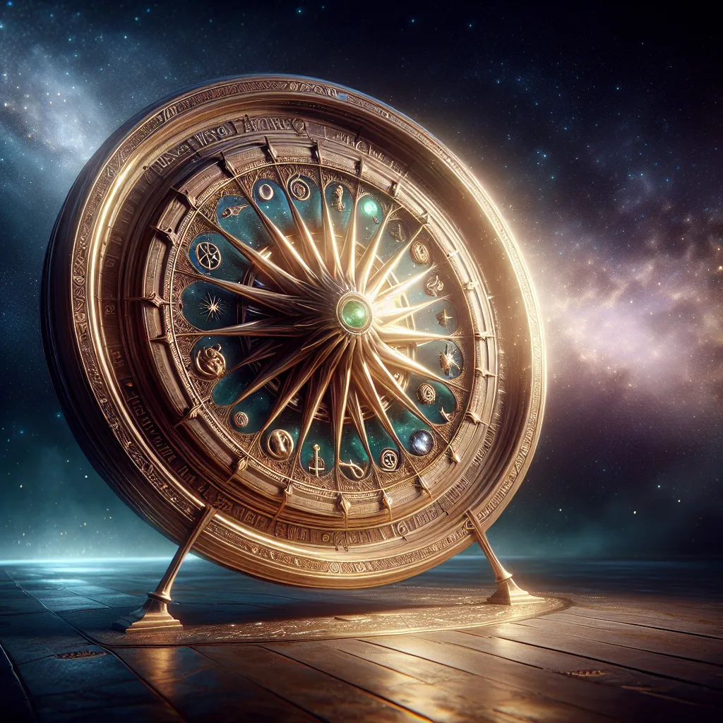 A majestic medieval wheel made of precious gemstones and metals shines under a star-studded night sky. The wheel emanates a mystical aura as it turns on an invisible axis. Engraved elegantly around its circumference are ancient symbols representing numerous aspects of life and time. The continuous motion symbolizes the ever-changing and unpredictable wheel of life. The wheel radiates an ethereal aurora, suggesting the profound mystery and enticing unpredictability of the future.