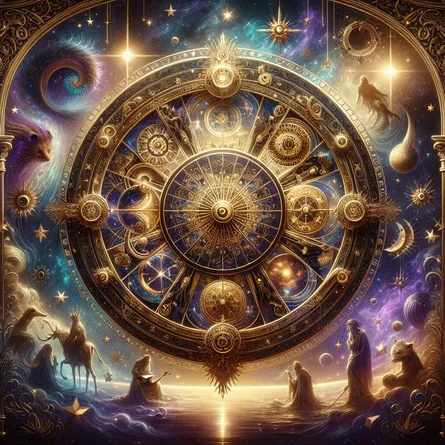 Create a mystical and ethereal depiction of the Wheel of Fortune tarot card. The image should feature a large, ornate wheel set against a celestial backdrop of stars and galaxies. Include symbolic elements such as figures or creatures representing the cycles of change and fate, rotating around the wheel. The color scheme should be a blend of rich golds, deep blues, and vibrant purples, conveying a sense of cosmic wonder and destiny.