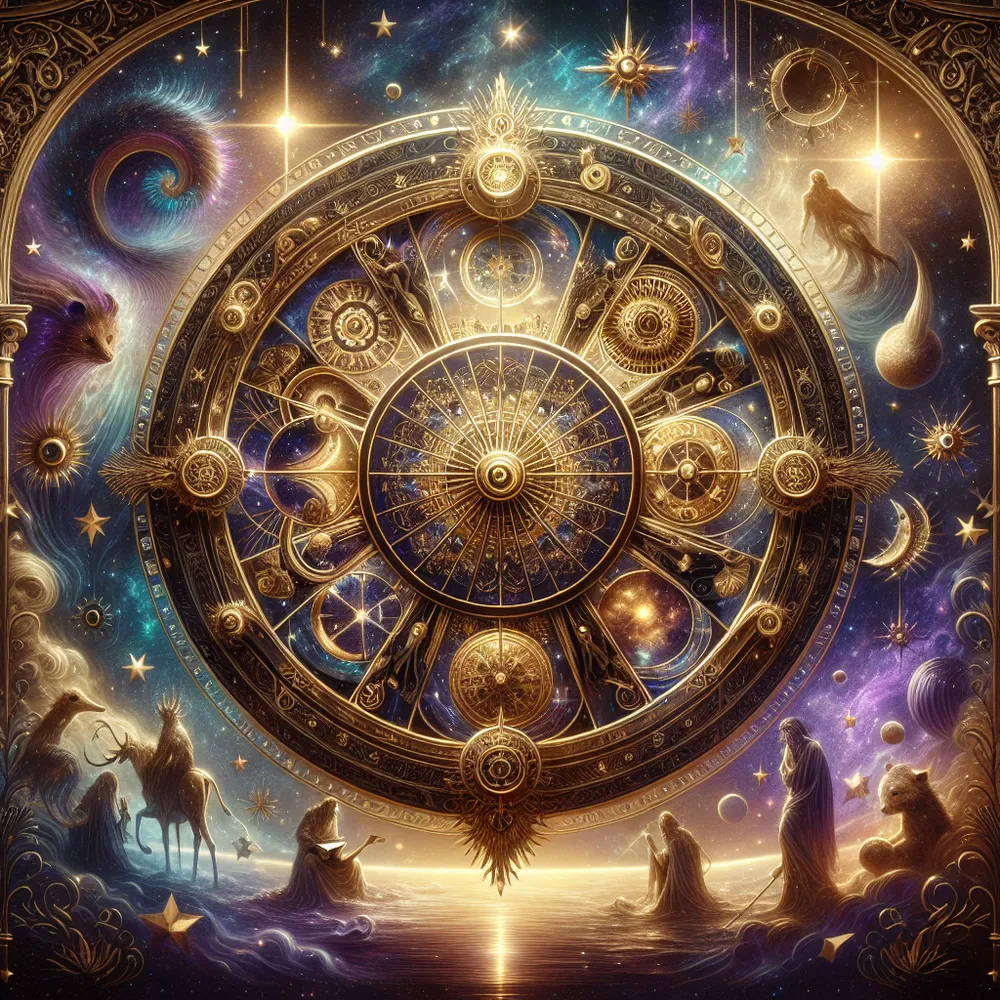 Create a mystical and ethereal depiction of the Wheel of Fortune tarot card. The image should feature a large, ornate wheel set against a celestial backdrop of stars and galaxies. Include symbolic elements such as figures or creatures representing the cycles of change and fate, rotating around the wheel. The color scheme should be a blend of rich golds, deep blues, and vibrant purples, conveying a sense of cosmic wonder and destiny.