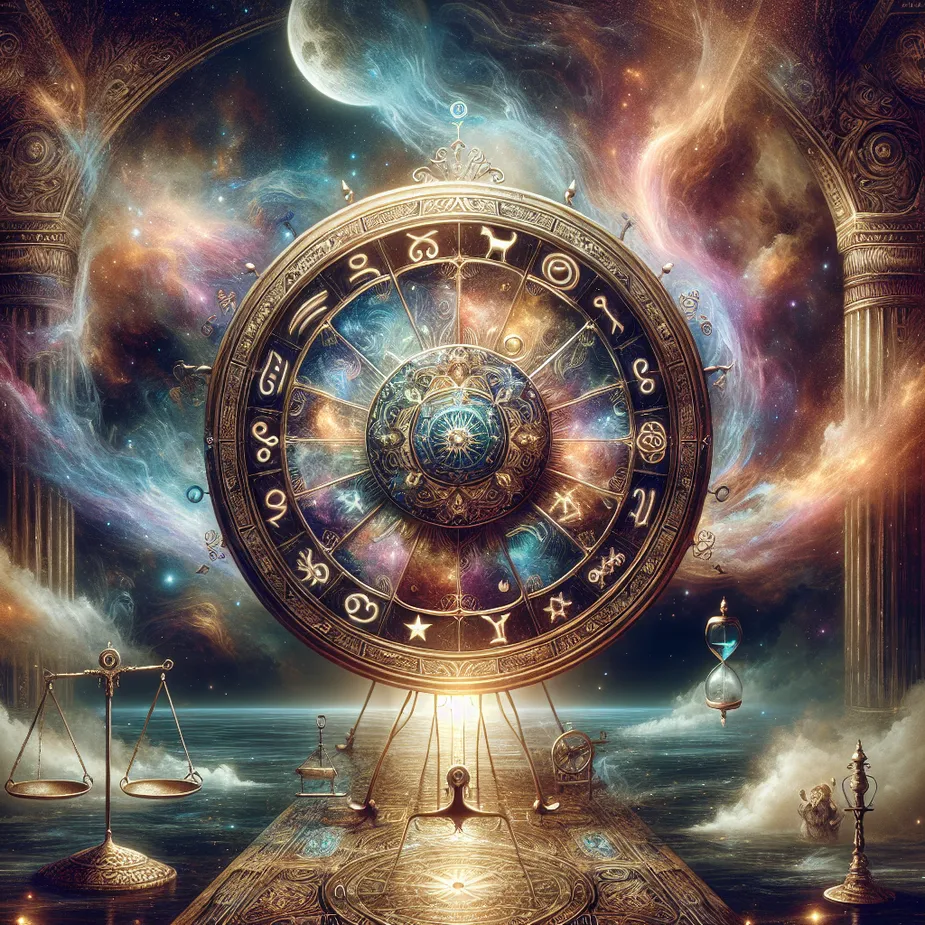 Create an intricate and mystical scene of the Wheel of Fortune tarot card. Envision a large, ornately decorated wheel set against a cosmic background, symbolizing the ever-turning cycles of life. The wheel should feature zodiac symbols around its outer edge and mystical symbols at its center. Incorporate an ethereal glow emanating from the wheel, highlighting themes of destiny and chance. In the foreground, include subtle elements such as a balancing scale and an hourglass, adding depth and symbolism to the image.