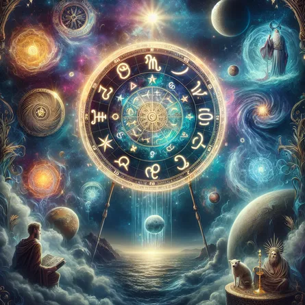 Create a mystical image of the Wheel of Fortune tarot card set against a cosmic backdrop. The wheel is adorned with astrological symbols and glowing with an ethereal light. Surrounding the wheel, depict elements of the four classical elements: earth, air, fire, and water, symbolizing the cyclical and interconnected nature of fate. Include subtle references to Stoic philosophy, such as a serene figure calmly observing the wheel's turning, embodying acceptance and resilience. The image should convey a sense of mystery, destiny, and the continuous flow of life's ups and downs.
