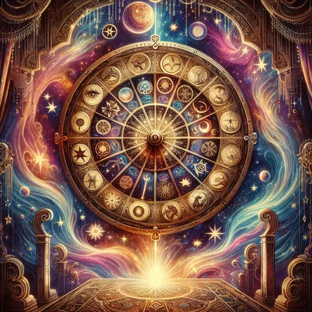 Create an image of the Wheel of Fortune tarot card with a mystical, cosmic backdrop. Illustrate a large, ornate wheel spinning in the center, adorned with classic symbols of the zodiac and elements of nature. Surround the wheel with a tapestry of stars and celestial patterns, highlighting the themes of cyclical change and fate. Incorporate vibrant colors and ethereal lighting to evoke a sense of wonder and universal connection.