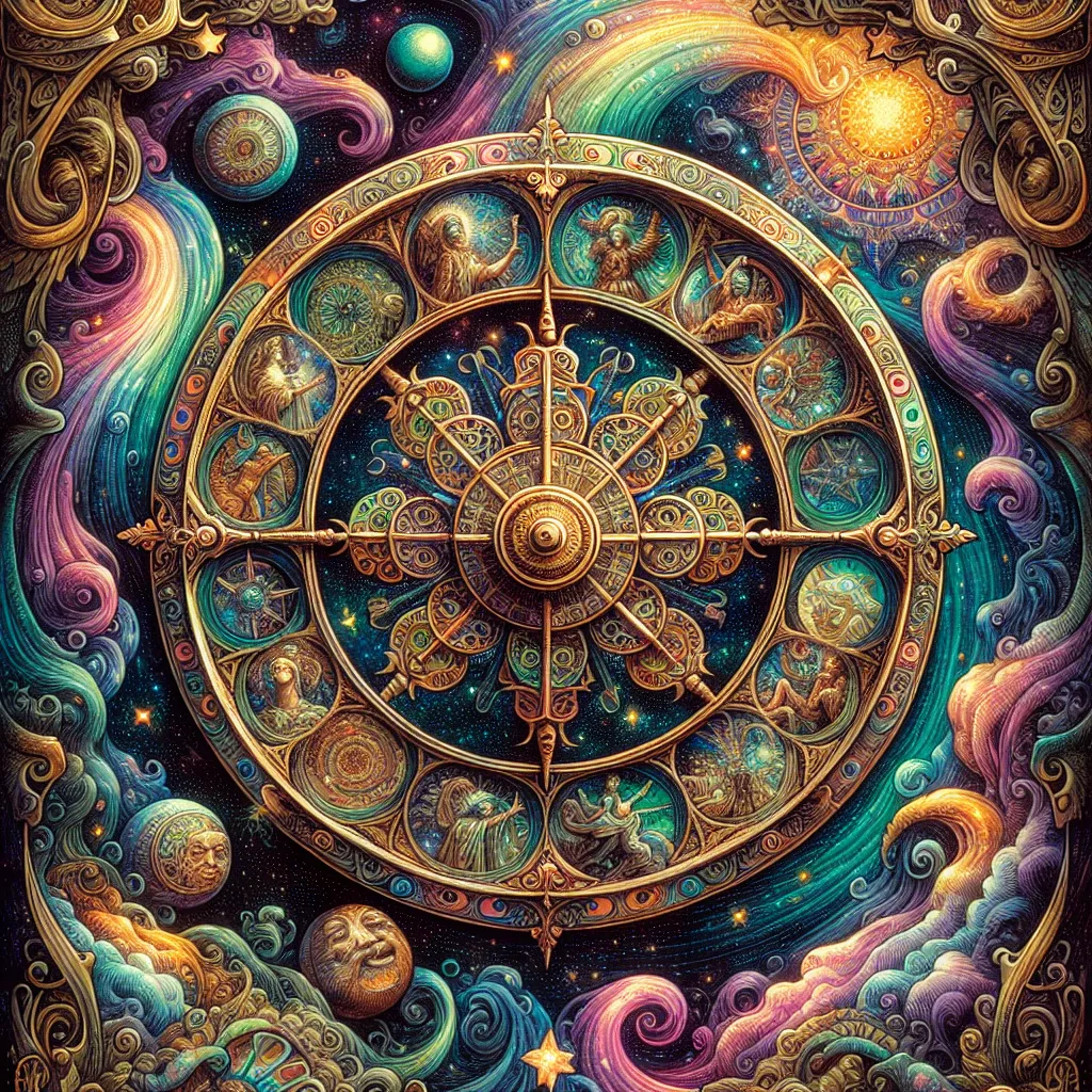 An intricately detailed Wheel of Fortune tarot card illustration, featuring a large wheel adorned with symbolic figures representing the eternal cycle of change and destiny, set against a mystical, swirling cosmic background with vibrant colors. The image embodies movement and the passage of time, capturing the essence of the tarot's message about life's unpredictable nature and the opportunity for new beginnings.